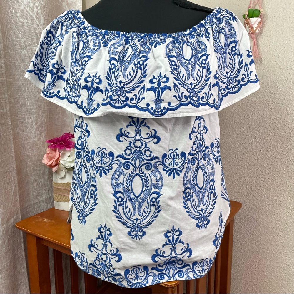 Finley Off-the-Shoulder White and Blue Embroidered Top